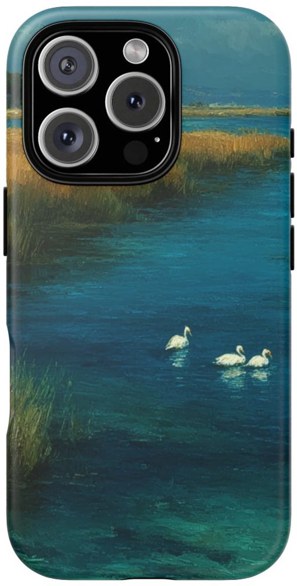 Blauwe Lagune Delta Landschap met Zwanen – Telefoonhoesje Geschikt voor iPhone 16 Pro