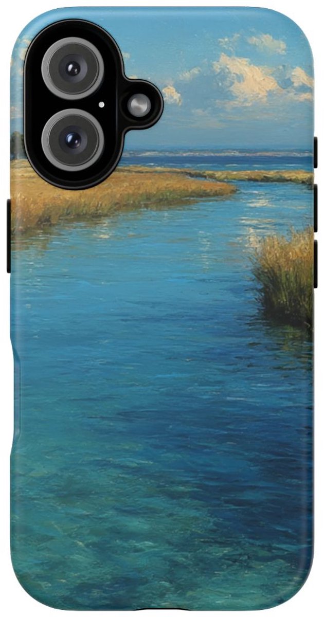 Blauw Lagunelandschap met Grassen en Bomen – Telefoonhoesje Geschikt voor iPhone 16