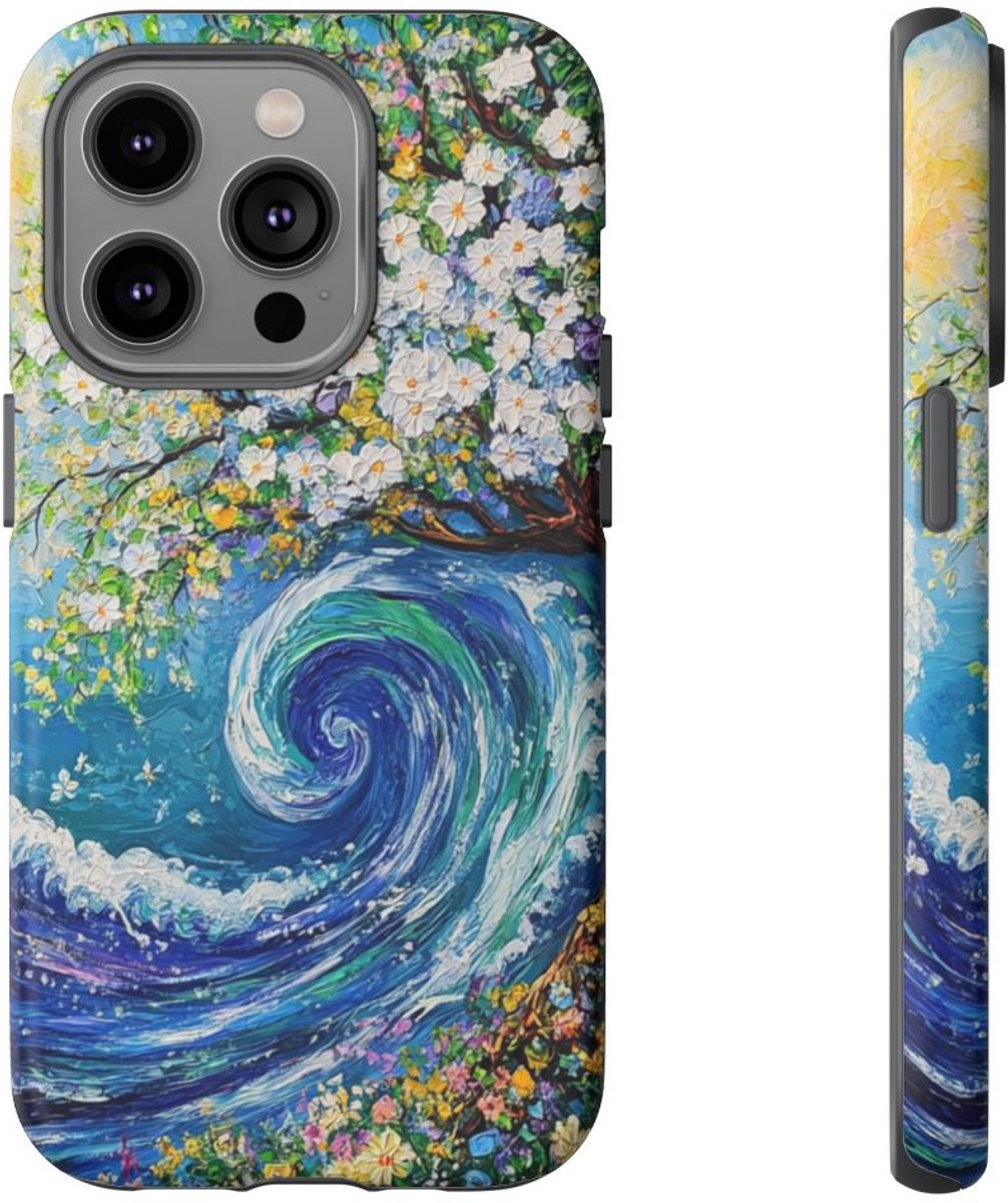 Bloeiende Boom en Oceaangolf Schildering – Telefoonhoesje Geschikt voor iPhone 14 Pro