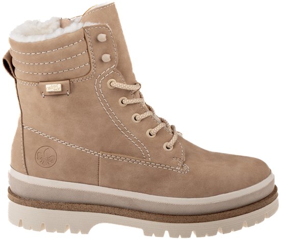 Bruine nubuck veterboot met witte bontvoering, beige veters en logo's.