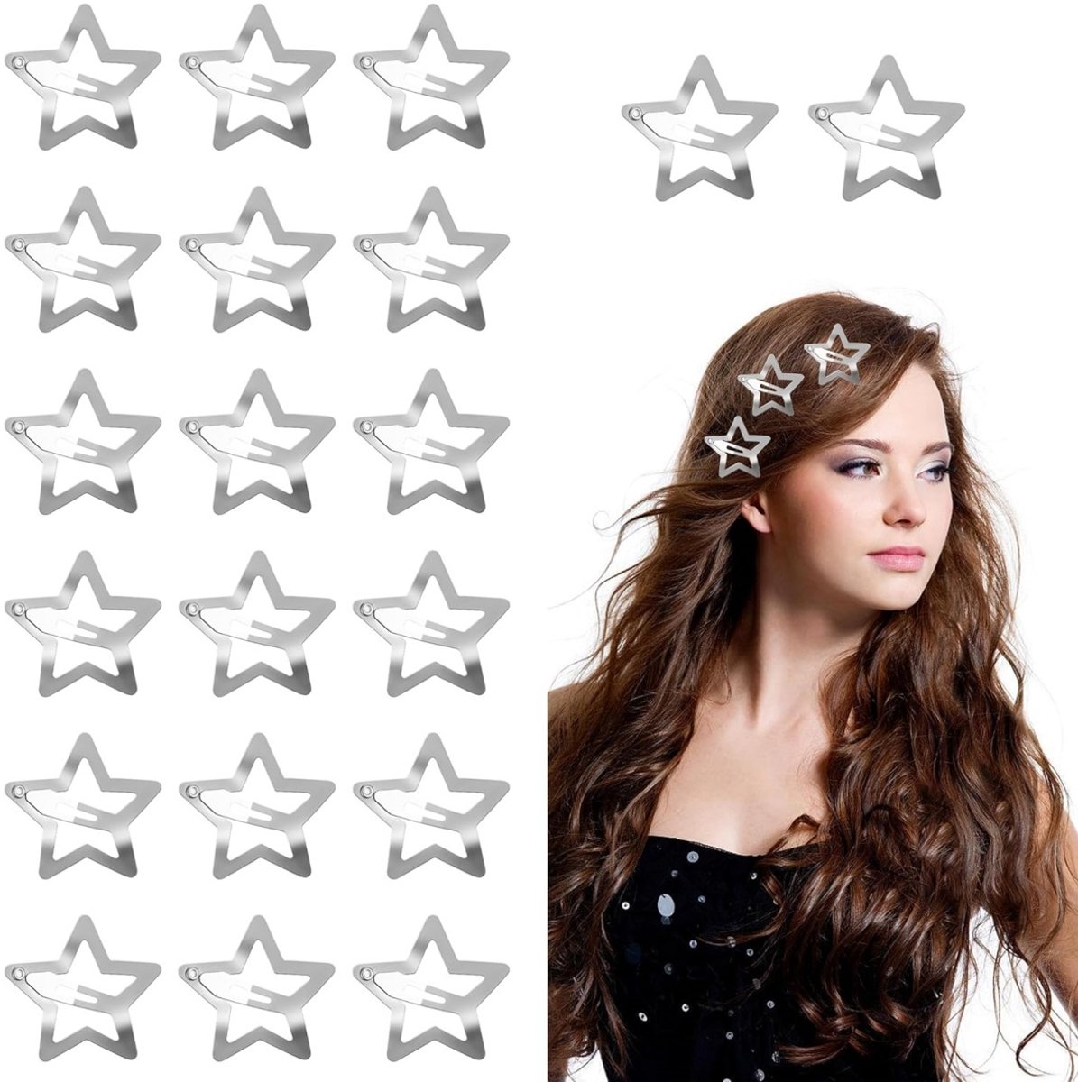 EXCITAT Haarspeldjes - Haarspeldjes meisje - stervorm - met drukknoopsluiting - zilver - voor kinderen, meisjes en vrouwen - 3,2 cm - 20 stuks