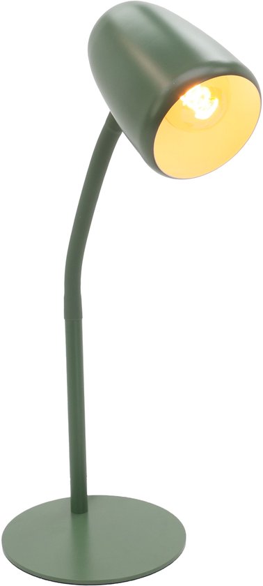 Lampe de bureau verte avec une base ronde et un bras et un abat-jour réglables. La lampe est allumée.