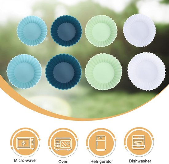 Acht ronde siliconen vormpjes in blauw, donkerblauw, lichtgroen en wit.