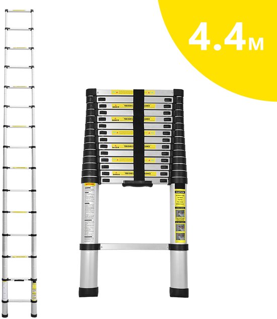 Foto: Telescopische ladder telescoopladder 4 4m zilver max belasting 150 kg compact en draagbaar met soft closing systeem geschikt voor particulier en professioneel gebruik telescopische vouwladder