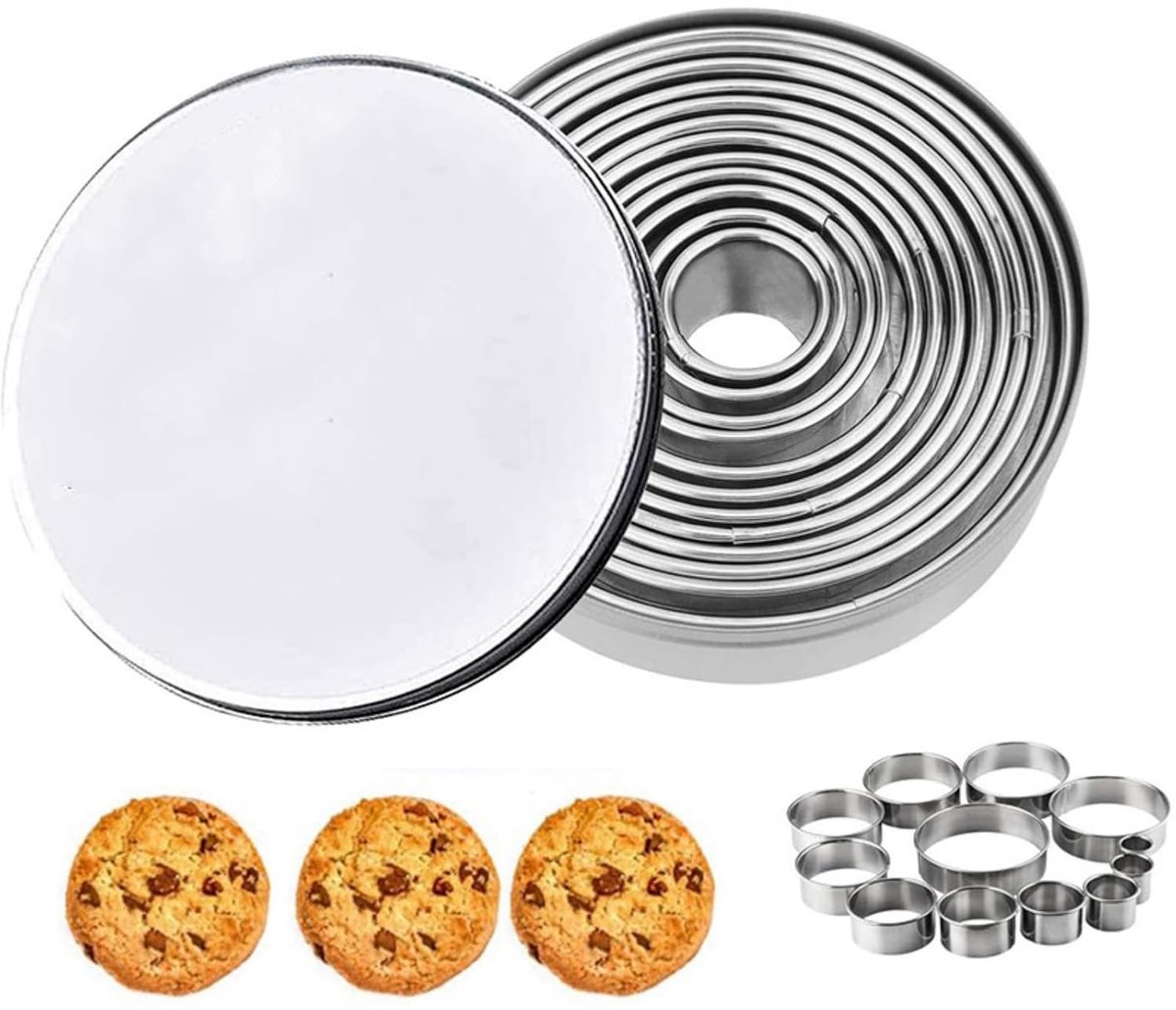Ronde Koekjesvormpjes Set - 12 Stuks - Roestvrij Staal - Diverse Maten