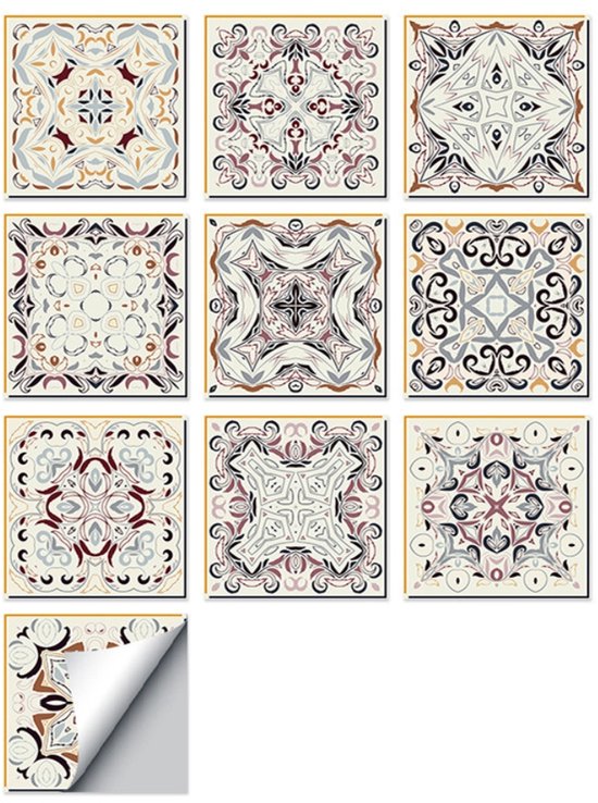 Dix carreaux de mosaïque rétro portugais, dont un décollé, avec des motifs crème, rouge et bleu.