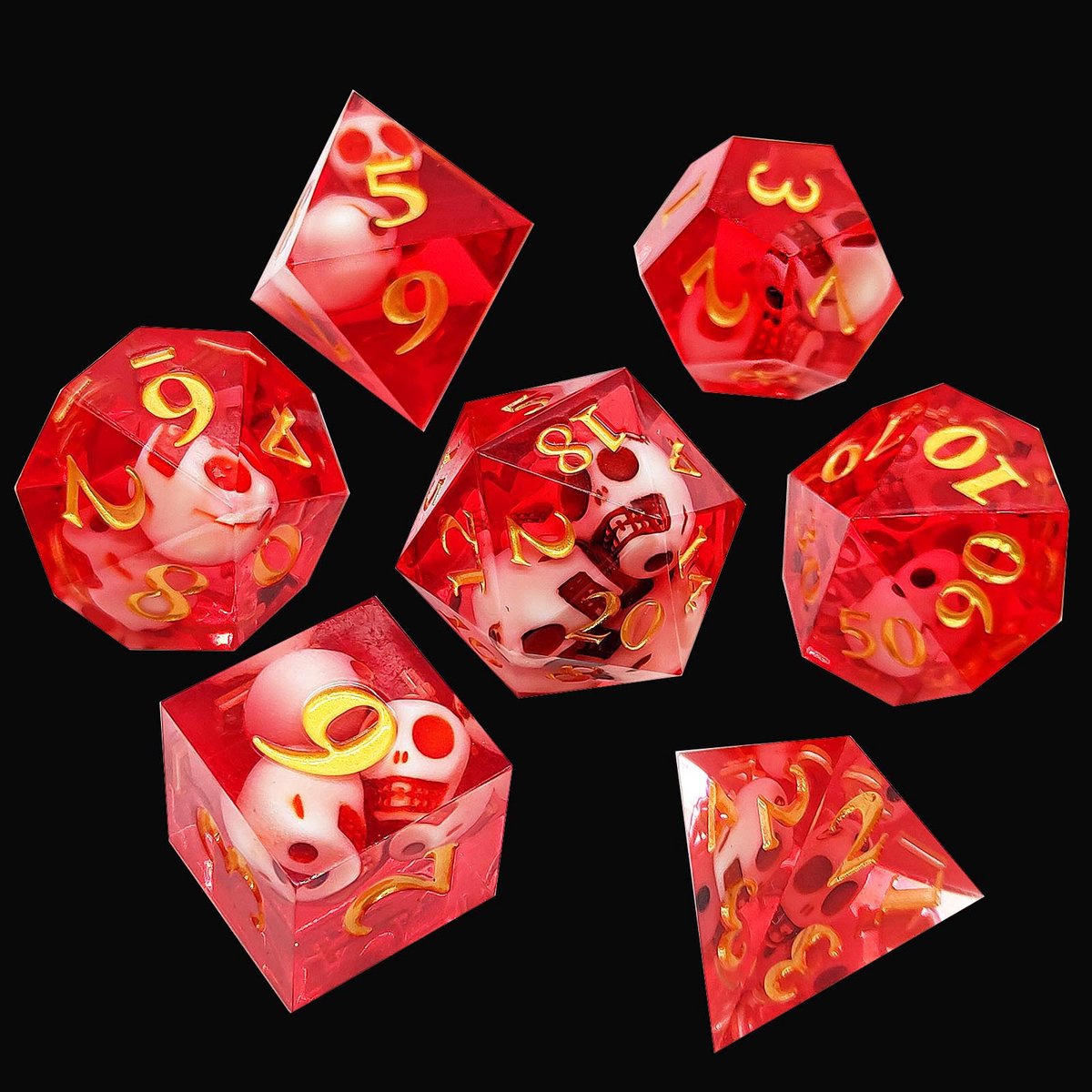 Joya Dice® Polydice Dobbelsteen set geschikt voor rollenspellen zoals Dungeons and Dragons D&D DnD | Dobbelstenen Set | Dice set | Resin 7 stuks set | Incl Luxe Opbergdoos | Doodshoofden Rood | Skull