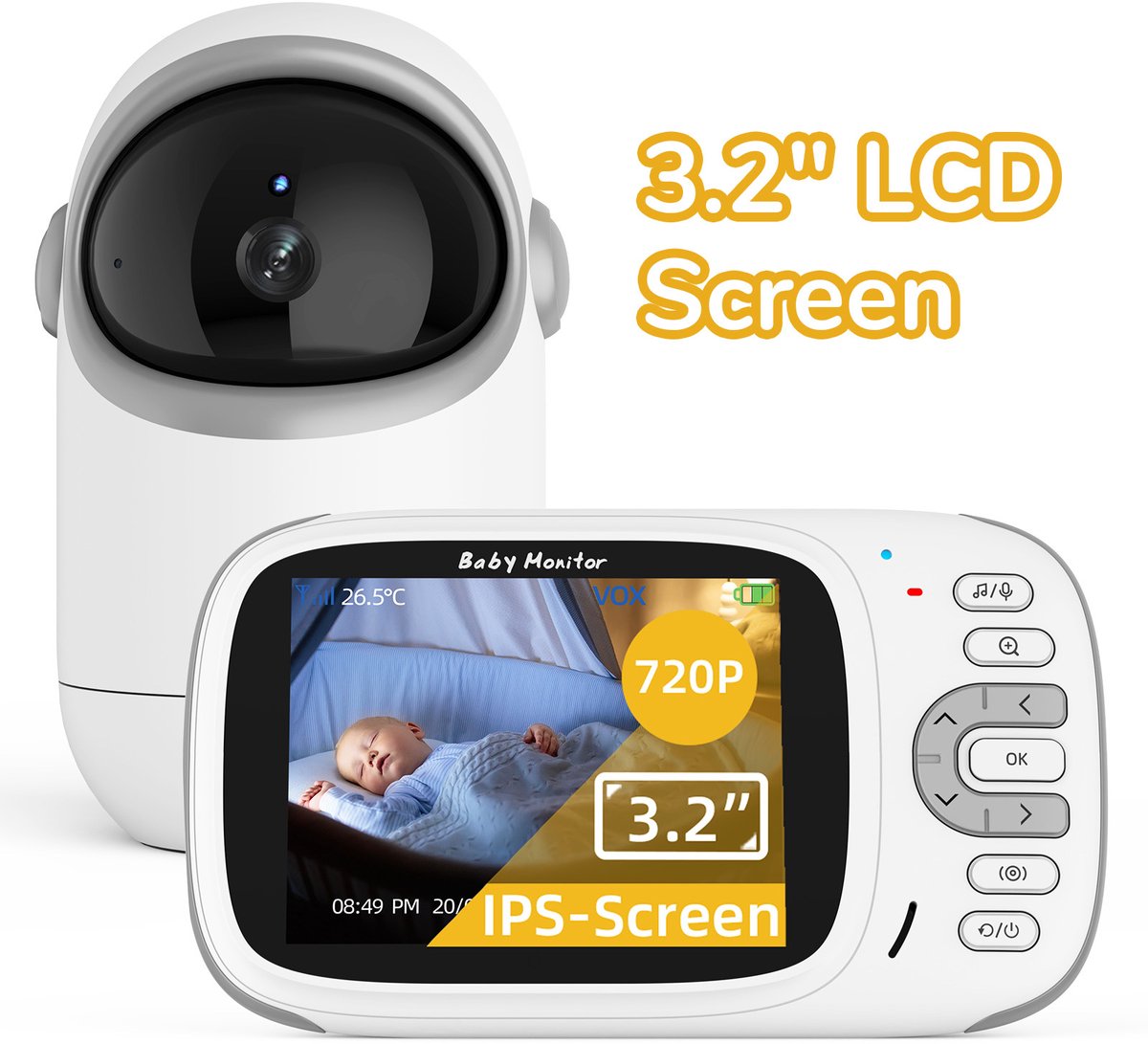 OnmiMartBabyfoon - Babyfoon met camera - Op afstand bestuurbaar - Video & Audio - Baby monitor-Premium Baby Monitor-3.2 Inch LCD Baby Monitor--Tweerichtings-intercom - Bevat 8 slaapliedje – foto 3