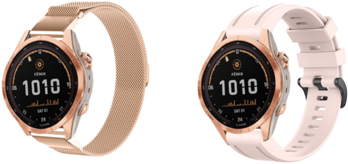 Strap-it Bundel van 2 Siliconen Bandjes - Geschikt voor Garmin Fenix 7S - Lichtroze & Roze Goud - Sportbandje - Sportarmband - Siliconen Band - Waterbestendig & zweetbestendig