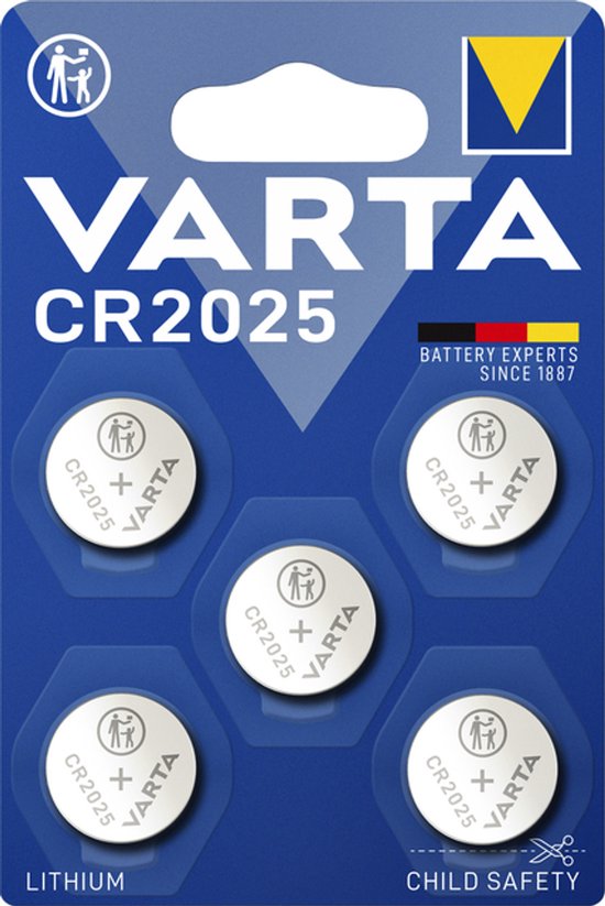 Varta CR2025 lithium knoopbatterijen in verpakking. Vijf batterijen met Varta logo en CR2025 aanduiding.