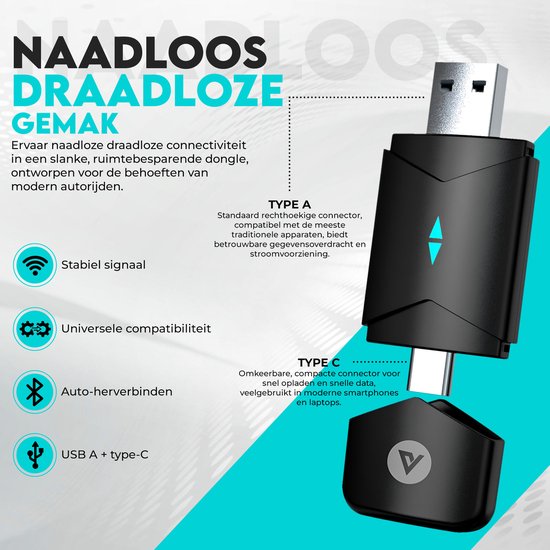 Vendar® PRO Mini 2-in-1 Car Dongle - CarPlay Dongle - Android Auto Dongle - Draadloos CarPlay & Android Auto - Zwart van Vendar — afbeelding 2