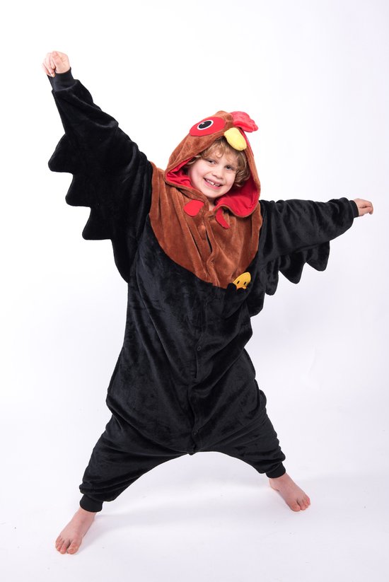 KIMU Onesie Haan Pak - Maat 128-134 - Hanenpak Kostuum Bruin Zwart Ei Kip - Kinder Zacht Huispak Jumpsuit Dierenpak Pyjama Jongen Meisje Halloween
