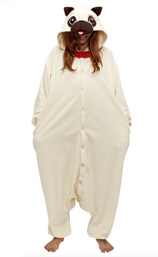 KIMU Onesie Mopshond Pak - Maat XS-S - Hondenpak Kostuum Pug Bruin 152 158 - Jumpsuit Huispak Zacht Fleece Pyjama Dierenpak Dames Heren Halloween