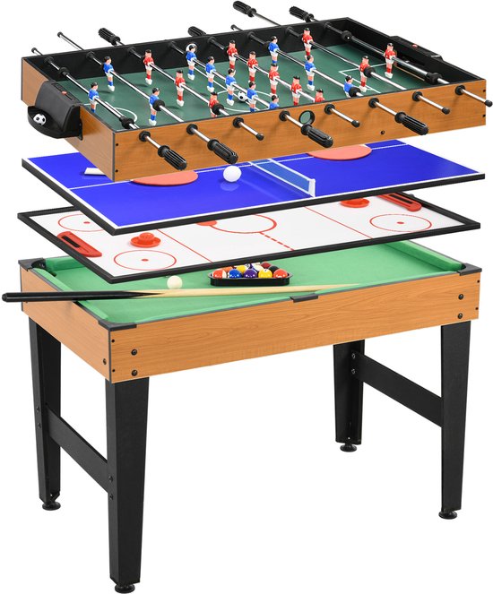 HOMCOM multispelentafel – MDF/staal - 107x61x84,5 cm – natuurlijk hout + zwart