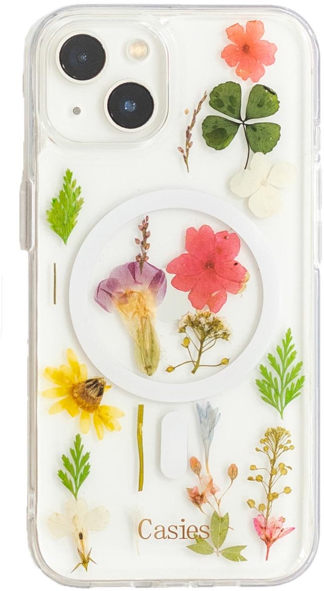 Casies droogbloemen MagSafe hoesje geschikt voor Apple iPhone 15 - gedroogde bloemen telefoonhoesje - Dried Flower Soft Case TPU - Transparant