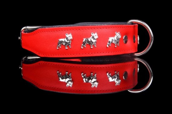 Collier en cuir Dog's Companion - Bouledogue Français - 40-47 cm x 50 mm - Noir / Rouge