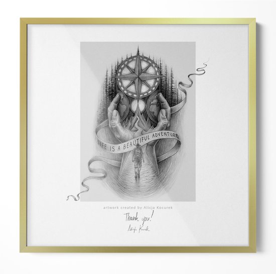 Cadre photo Tulup - Cadre Goud - Cadre poster 50x50 cm - Cadre pour dessins d'enfants - Cadre photo mural + Poster offert «La Life est une belle aventure »