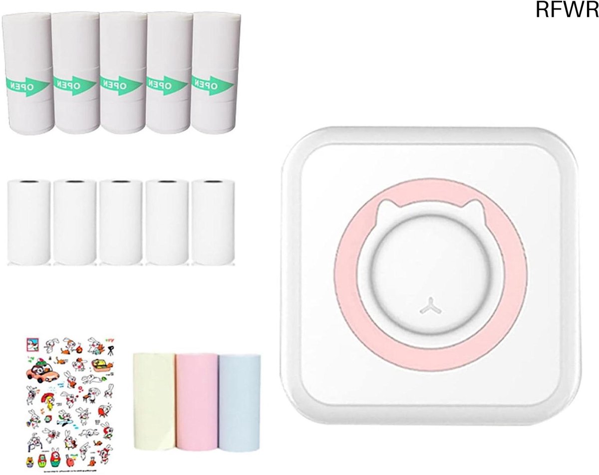 RFWR® Mini Draagbare Pocket Printer - Inktloze Fotoprinter met 13 Rollen Thermisch Papier voor Smartphone