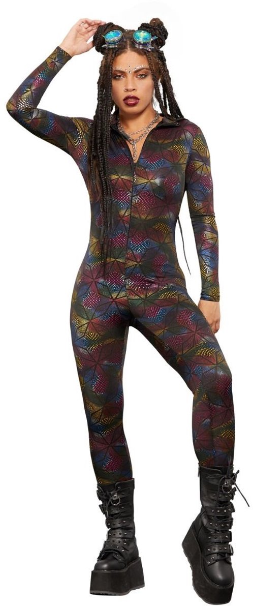 Fever - Miss Whiplash Geometric Print Catsuit - M - Regenboog