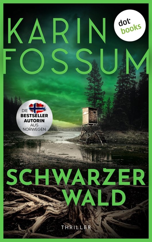 Boek "Schwarzer Wald" van Karin Fossum, thriller. Een jachthut in een bos bij een meer.