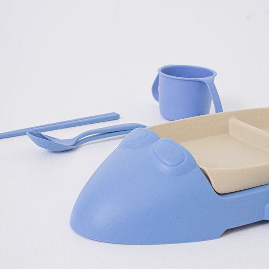 Kinderservies Set vliegtuig - Baby Servies - Peuterbord met Vakjes - 5-delige Eetset met Bestek, Beker & vliegtuigbord - Duurzaam Wheat Straw - BPA-vrij - Voertuigen Servies - Lunchset Kind - Cadeau voor Peuters & Kleuters - Blauw van Merkloos — afbeelding 4