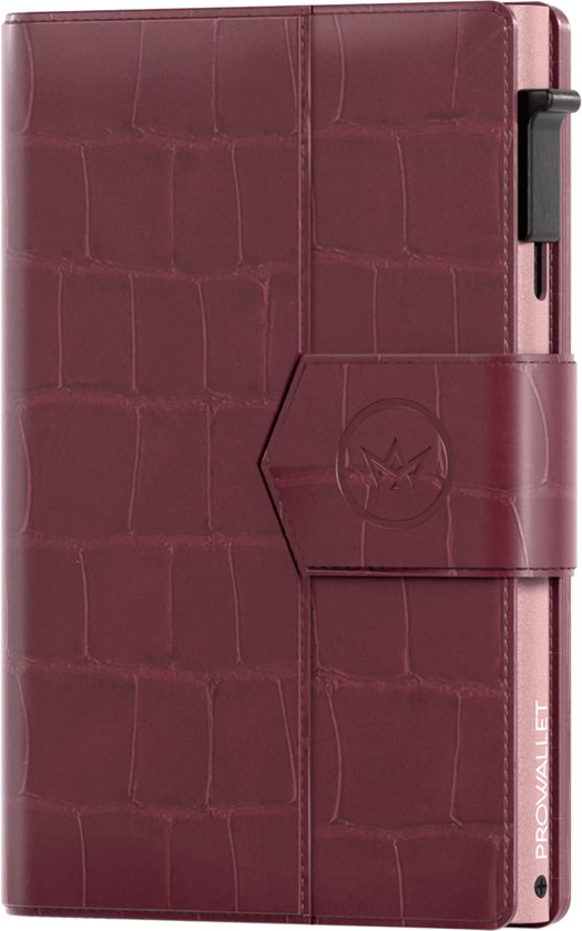 Prowallet Plus – Croco Bordeaux – Porte-cartes RFID – Portefeuille compact avec porte-cartes coulissant – Pour 8 cartes, billets et monnaie – Aluminium et simili cuir – Coffret cadeau de luxe – Femme