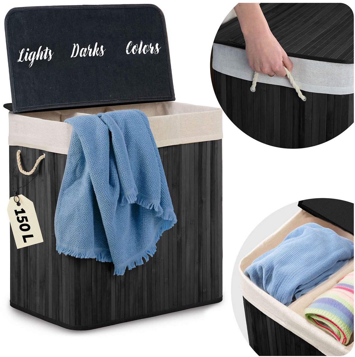 Bamboe wasmand met deksel 150 l Massido