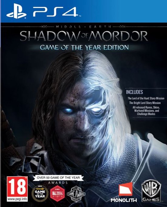 PlayStation 4 game cover: Middle-Earth: Shadow of Mordor - Game of the Year Edition, met helft van gezicht verlicht.