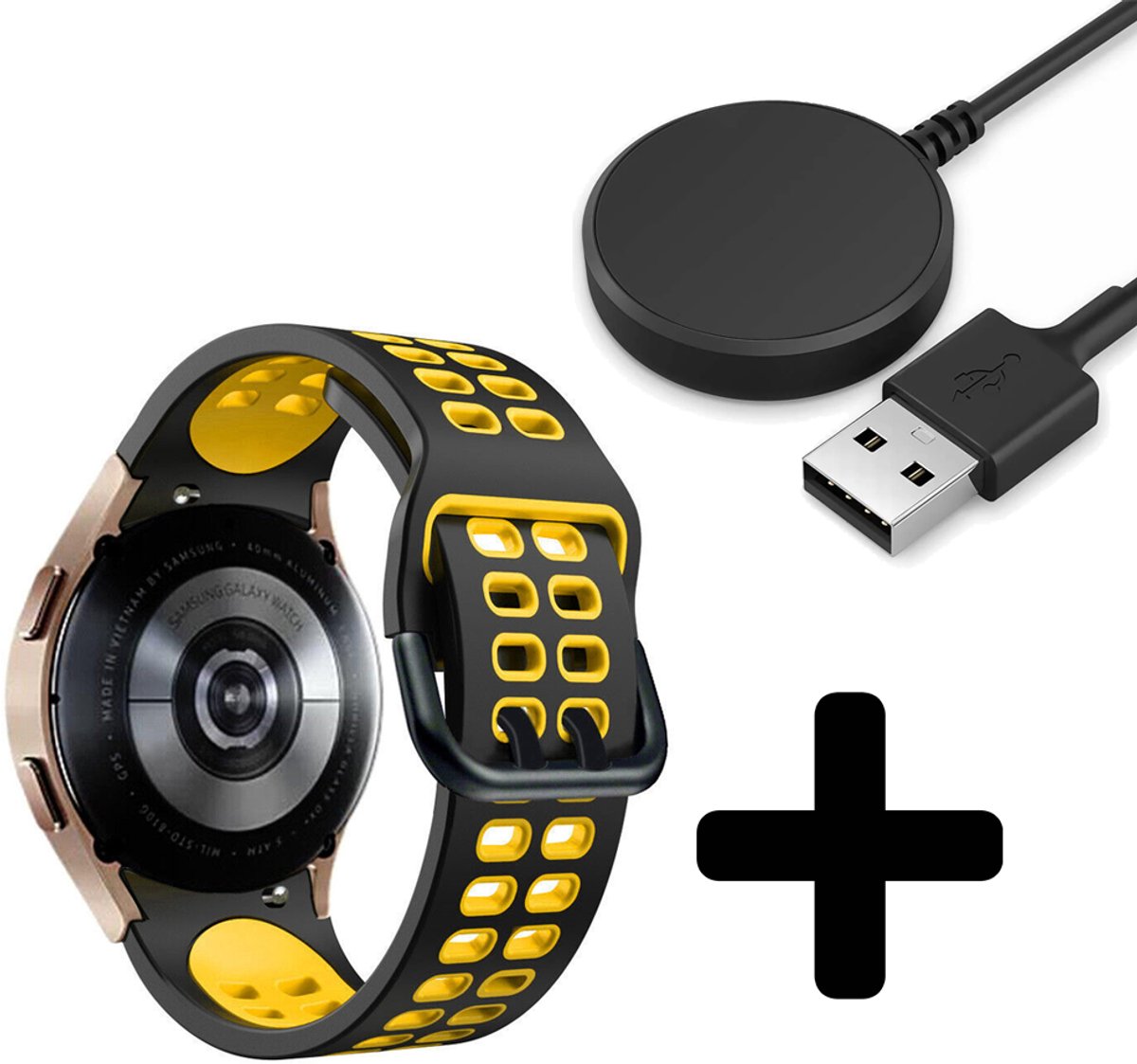 Strap-it Bandje geschikt voor Geschikt voor Samsung Galaxy Watch 5 (40mm / 44mm / Pro) sport square bandje (zwart/geel) - Incl. Oplader geschikt voor Geschikt voor Samsung Galaxy Watch 5 40 mm / 44 mm / Pro (oplaadkabel)