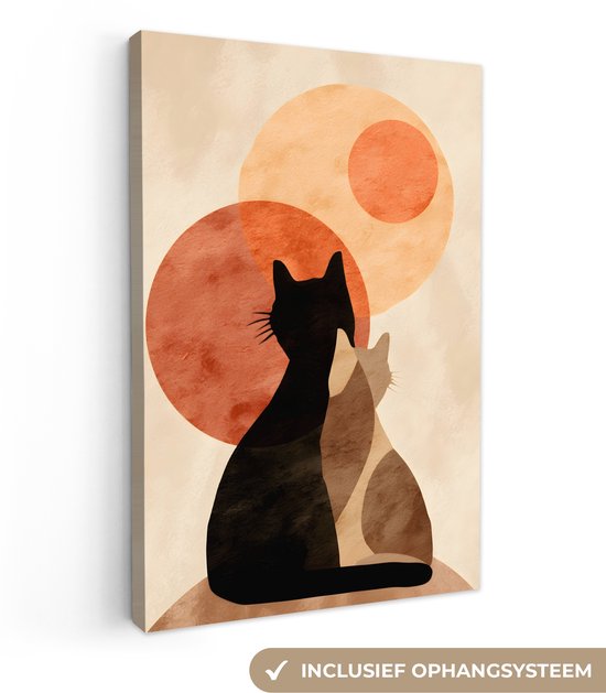 Peinture abstraite de deux chats avec des cercles orange, système de suspension inclus. Silhouettes noires et brunes sur fond crème.