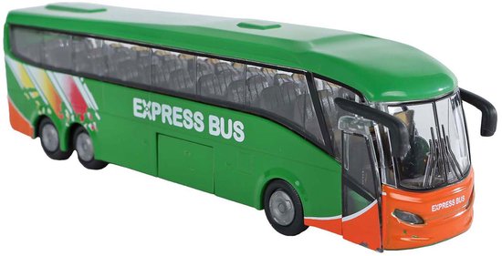 Groene "Express Bus" coach bus met oranje voorkant en getinte ramen. "Express Bus" logo op zijkant.