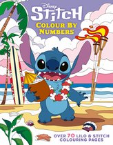 Disney Stitch Kleuren op Nummer. Een blauwe Stitch met een kokosnoot in zijn hand, op een strand met palmbomen en een surfplank.