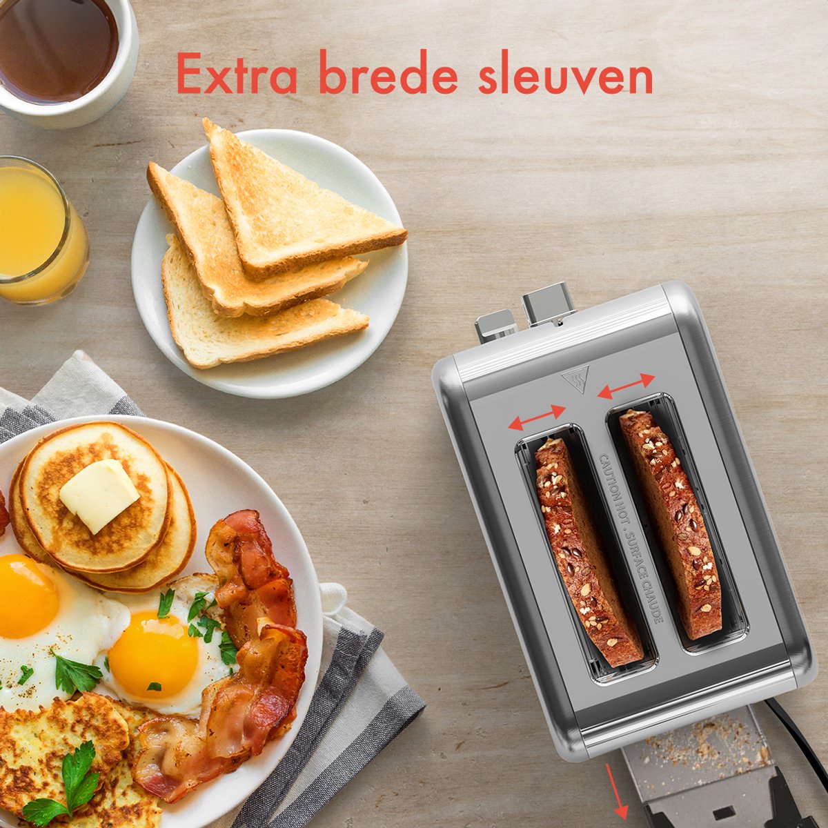 KitchenBrothers Broodrooster - Toaster - 6 Warmteniveaus - 2 Extra Brede Sleuven - BPA-vrij - 815W - RVS/Zilver thumbnail 4