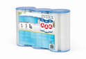 Intex Krystal Clear zwembadfilters, 3-pack. Witte filters met blauwe randen, met productinformatie op de voorkant.