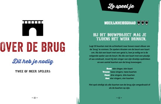 Een afbeelding van een brug, met de tekst 'OVER DE BRUG' en 'Dit heb je nodig', 'Twee of meer spelers'.