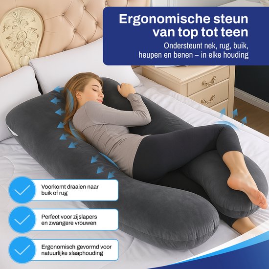 Borstvoedingskussen, J-vormig zwangerschapskussen om te slapen, steunkussen, zijslaapkussen, ergonomisch gevormd, body kussen met afneembare overtrek ( lichtgrijs