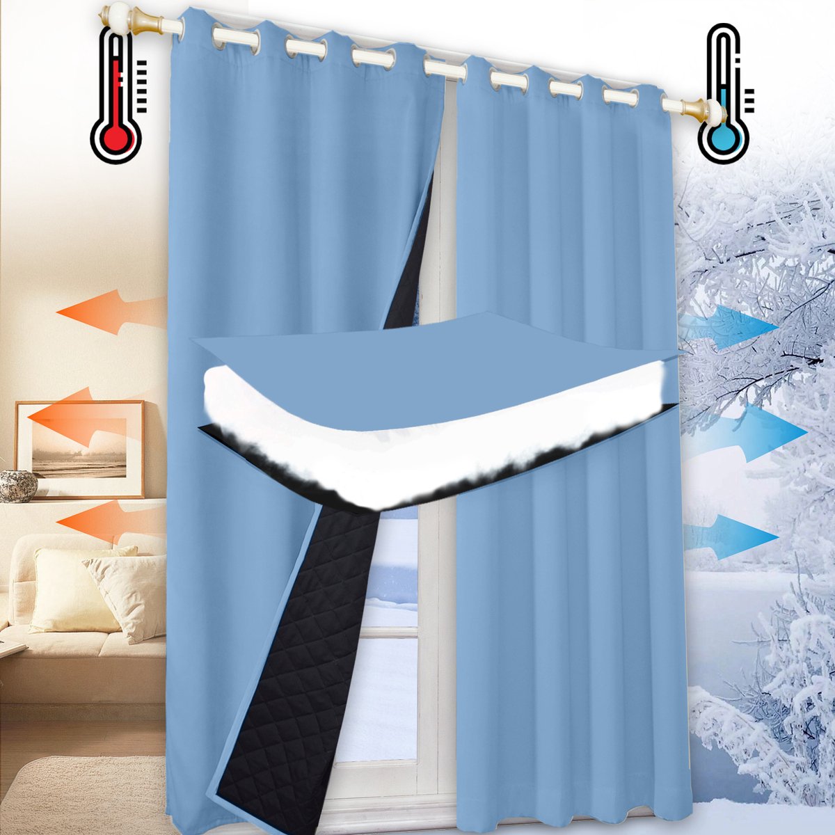 Qelus 100% Opaque Warmte-Koud Isolerend Gordijn met Ringen - Blokkeert Geluid - 1 stuk Verduisteringsgordijnen voor Woonkamer & Slaapkamer - 132x213cm - Voor Winter & Zomer - Gratis Bindband - Blauw