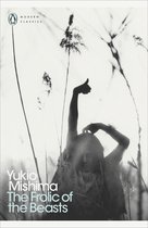 De kaft van 'The Frolic of the Beasts' van Yukio Mishima, met een silhouet van een persoon tussen hoge grassen.