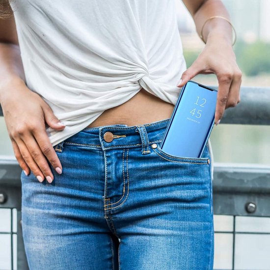 Allecto Plus - Étui à rabat transparent avec fonction support pour Samsung Galaxy S25 Ultra 5G - Blauw avec fenêtre d'affichage miroir. Protège contre les chocs avec support pliable.