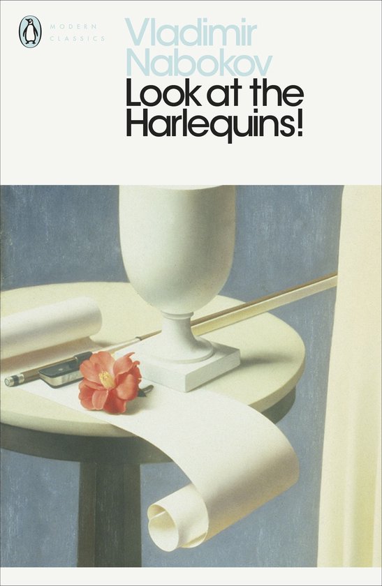 Boekomslag 'Look at the Harlequins!' van Vladimir Nabokov, met een stilleven van een rol perkament, een bloem, en een kelk op een tafel.