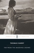 Boek kaft van 'Far from the Madding Crowd' door Thomas Hardy, met een silhouet van een vrouw in een lange jurk met boek.