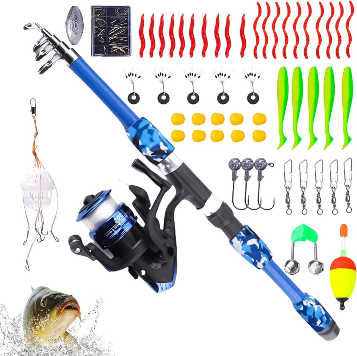 Allecto Plus - Hengelset Kinderen voor beginners | Telescopische Hengel van Koolstofvezel 18 m | Inclusief Vismolen en Aas | Vislijn en Accessoires | Geschikt voor Kinderen