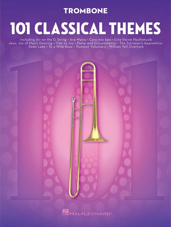 Boekomslag met bladmuziek voor trombone, getiteld '101 Classical Themes'. Goudkleurige trombone op paarse achtergrond met tekst.