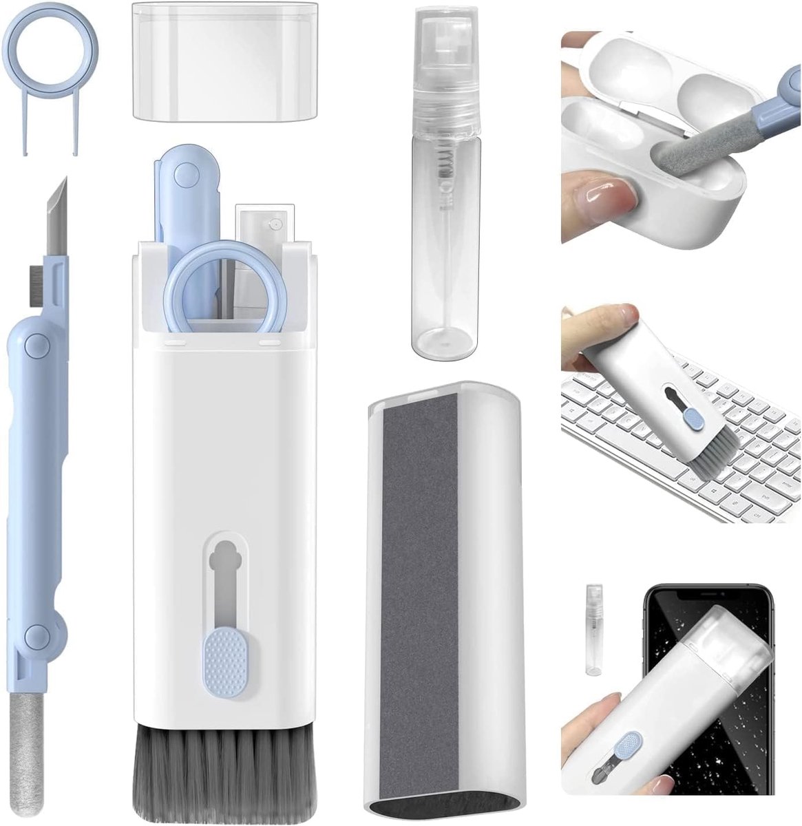 Image of 7-in-1 elektronische reinigingsset - voor laptopschermen, toetsenborden, koptelefoons, reinigingsset - met borstel, reinigingsvloeistof, sleuteltrekker, flanel - voor pc-monitoren, tv's, mobiele telefoons - Blauw