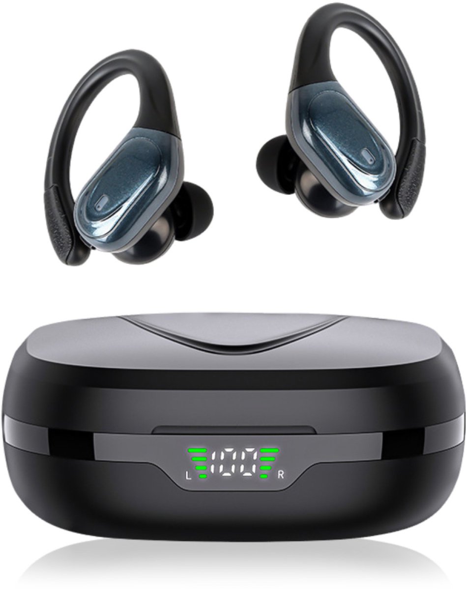 Bluetooth Headset – Sport Draadloos 5.4 – Ruisonderdrukking & Digitale Display – Hangoordesign – Voor sporten/reizen – Voor iedereen – Zwart – Compact – 1 stuk
