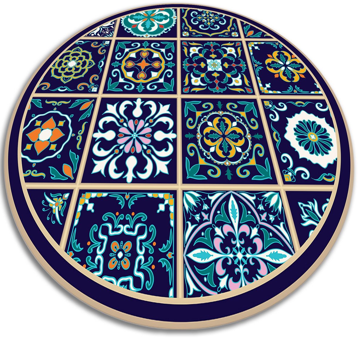 Tulup Vinyl Tapijt - Portugese tegels Tapijt Vinyl - 70 cm - Zwart Vinyl Vloerkleed - Rond