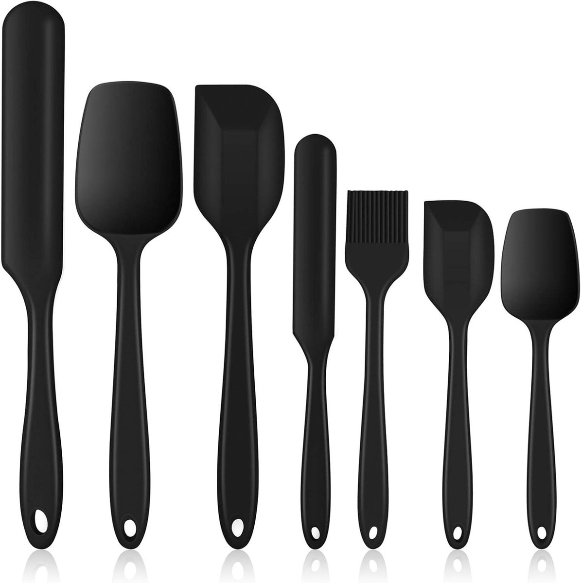Siliconen spatelset - 7-delige keukengerei set voor bakken en koken - Hittebestendige deegschrapers en menglepels - Anti-aanbak en vaatwasmachinebestendig - Zwart - Naadloos en flexibel - Voor in de keuken