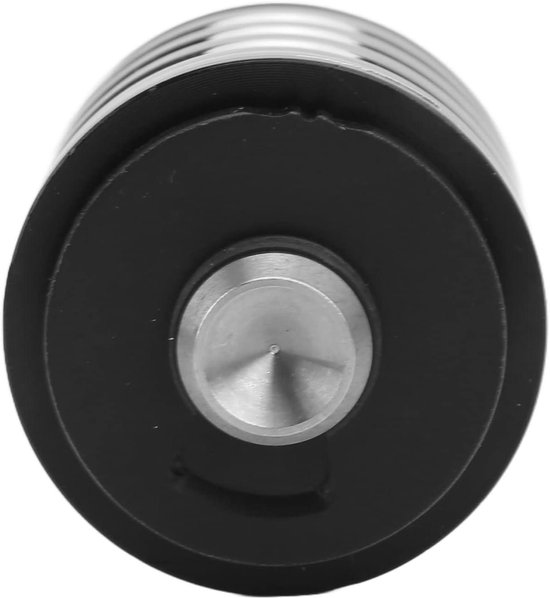 Gezichtspunt van een zilveren schokdemperveer met zwarte ringen aan de uiteinden, op een witte achtergrond.