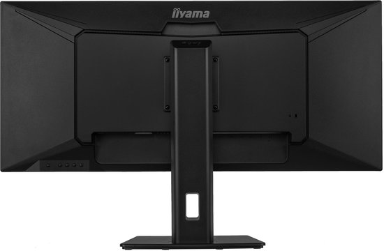 Achterkant van een zwarte iiyama monitor met een centrale standaard en diverse aansluitingen.