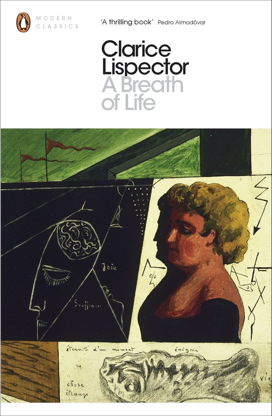 Boekomslag met 'Clarice Lispector A Breath of Life' in grote letters. Links een illustratie van een hoofd in profiel met tekst.